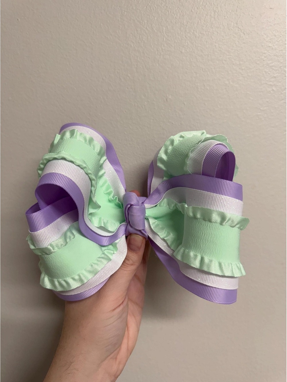 Mint Green Purple & White Ruffle Hair Bow | 5.5 Inch Stiffened Boutique Bow | - Picture 3 of 3